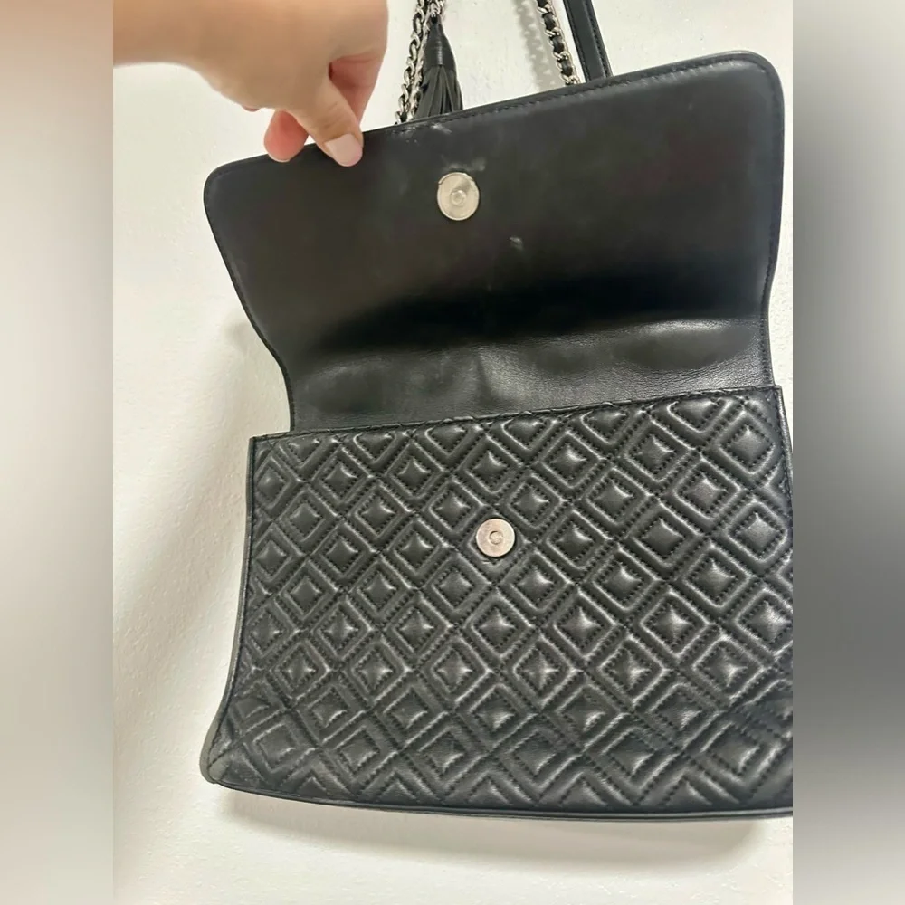 Tory Burch Fleming Shoulder Bag Black/silver Crossbody Chain Strap